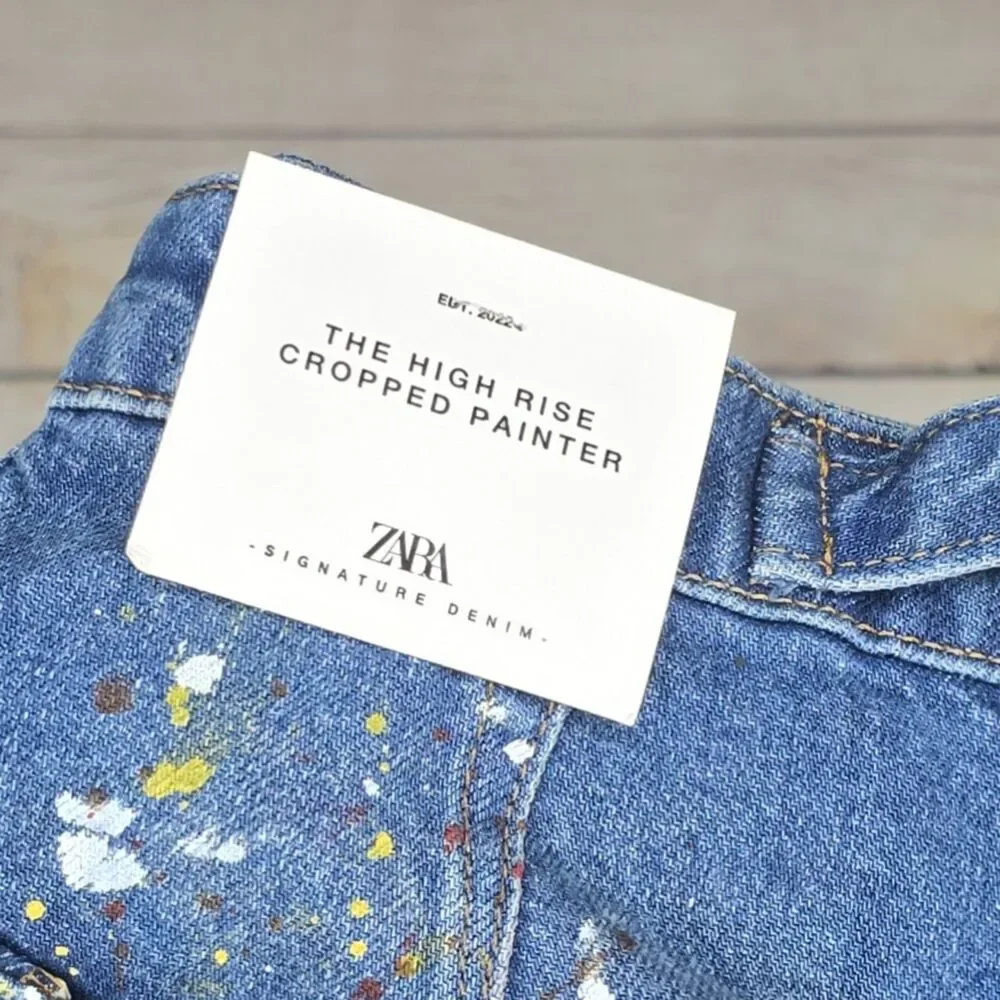 Zara Paint Splatter High Rise Cropped Painter Wide Leg Jeans Size 0 NWT - Picture 10 of 10
